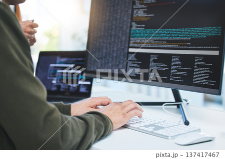 Programming, developer and hands on computer for coding, software script or cyber security in office. Closeup of IT technician person with technology for typing code, future and data analytics 137417467
