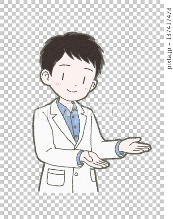 手繪插圖,描繪了一位身穿白大褂的男性醫務人員雙手做出建議的情景。 手繪插圖,描繪了一位身穿白大褂的男性醫務人員雙手做出建議的情景。 137417478
