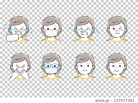 插圖描繪了女性因花粉症等引起的面部表情 插圖描繪了女性因花粉症等引起的面部表情 137417481