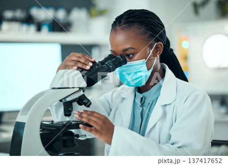 Woman, science and microscope for laboratory research, blood test and dna or virus analysis with face mask. Professional scientist or medical student in biotechnology and check for covid or bacteria 137417652
