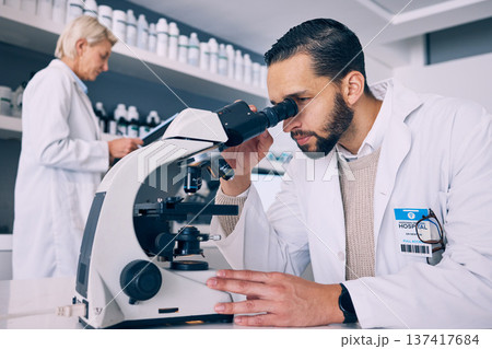 Scientist man, microscope analysis and lab for medical research, molecules or particles of bacteria at pharma job. Science team, people and vision for studying virus with pharmaceutical innovation Scientist man, microscope analysis and lab for medical research, molecules or particles of bacteria at pharma job. Science team, people and vision for studying virus with pharmaceutical innovation 137417684