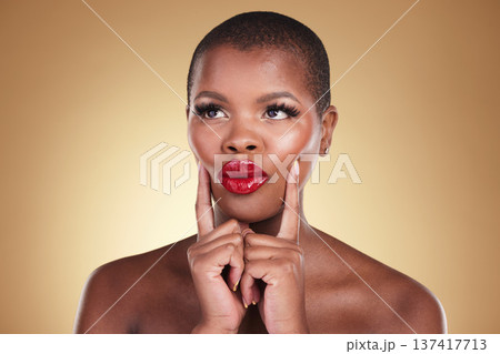 Makeup, red lipstick and a black woman with beauty in studio for skin care, glow and cosmetics. Face of African person or model thinking of facial shine, dermatology and color on a beige background 137417713