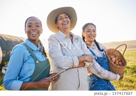 Chicken farm, women portrait and happy with farmer web management and egg collect. Agriculture, diversity and female group with small business in countryside with eco friendly work and success 137417887
