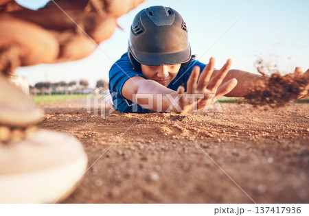 Slide, baseball action and player in a match or game for sports competition on a pitch in a stadium. Man, ground and tournament performance by athlete or base runner in training, exercise or workout 137417936