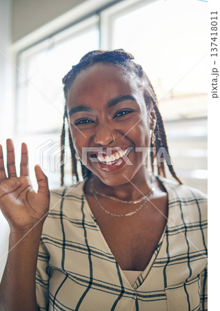 Portrait, wave and black woman on video call, communication and conversation at home. Face, hello and happy person in webinar, virtual chat and online meeting, pov greeting and welcome in remote work 137418011
