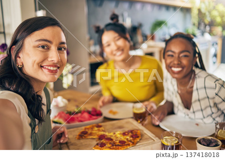 Friends, selfie and pizza with women in kitchen for happy, social media and fast food. Smile, profile picture and post with portrait of people at home for party, celebration and photography together Friends, selfie and pizza with women in kitchen for happy, social media and fast food. Smile, profile picture and post with portrait of people at home for party, celebration and photography together 137418018
