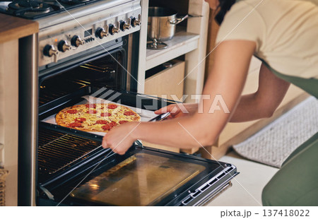 Hands, open oven and pizza baker for food, restaurant and fast food with skill in home kitchen for baker in Naples. Chef woman, dough and pepperoni pie for cuisine, culture and preparation process Hands, open oven and pizza baker for food, restaurant and fast food with skill in home kitchen for baker in Naples. Chef woman, dough and pepperoni pie for cuisine, culture and preparation process 137418022