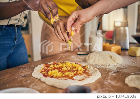 Hands, cheese and pizza for cooking, together and ready for fast food, restaurant or helping with skill in Naples. Chef woman, dough and tomato sauce for cuisine, culture and preparation with process Hands, cheese and pizza for cooking, together and ready for fast food, restaurant or helping with skill in Naples. Chef woman, dough and tomato sauce for cuisine, culture and preparation with process 137418038