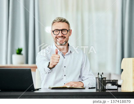 Portrait, thumbs up and smile with a business man in his office for support, motivation or success. Thank you, yes emoji and goals with a happy professional manager working in a notebook at his desk Portrait, thumbs up and smile with a business man in his office for support, motivation or success. Thank you, yes emoji and goals with a happy professional manager working in a notebook at his desk 137418070