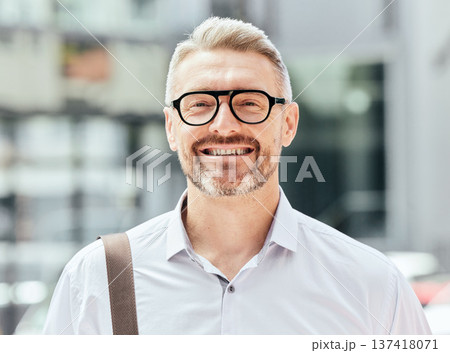 Mature business man, street and portrait with glasses, bag and happy for walk, travel or outdoor in metro. Entrepreneur, CEO or manager in city, traffic or sidewalk for excited smile on face in Milan 137418071