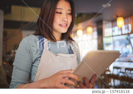 Restaurant, tablet and Asian woman online for order for food service, inventory and check menu. Coffee shop, small business and happy waitress, barista or manager on digital tech for cafe website Restaurant, tablet and Asian woman online for order for food service, inventory and check menu. Coffee shop, small business and happy waitress, barista or manager on digital tech for cafe website 137418116