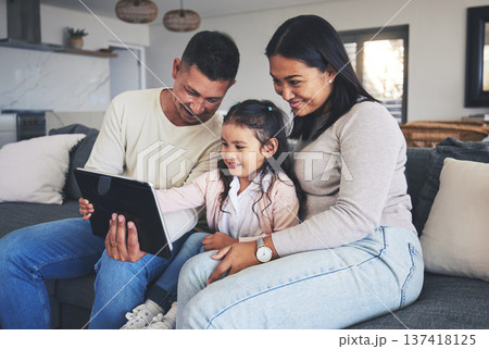 Happy family, girl or parents with tablet for elearning, info or studying for education or remote learning at home. Child development, dad or mom with kid reading online ebook or news on social media 137418125