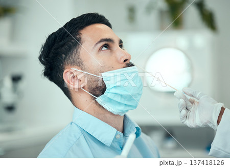 Medical, pcr and research with man and doctor for vaccine, science and dna test. Pharmacy, medicine and healthcare consulting with patient and cotton swab for virus, pathology exam and diagnosis 137418126