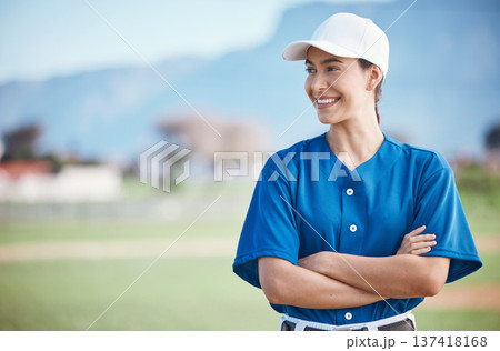 Sports, baseball and woman with arms crossed on a field for training, match or fitness goals on blurred background. Happy, softball and female coach at park with motivation, proud or positive mindset Sports, baseball and woman with arms crossed on a field for training, match or fitness goals on blurred background. Happy, softball and female coach at park with motivation, proud or positive mindset 137418168