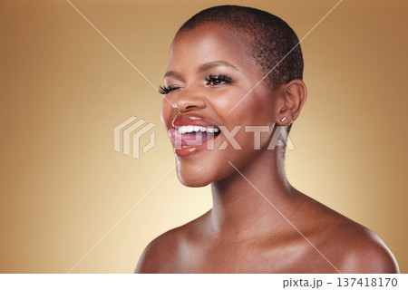 Makeup, tongue out and black woman wink in studio for cosmetic wellness on brown background space. Beauty, face and African model with crazy emoji expression and glowing skin, results or satisfaction Makeup, tongue out and black woman wink in studio for cosmetic wellness on brown background space. Beauty, face and African model with crazy emoji expression and glowing skin, results or satisfaction 137418170