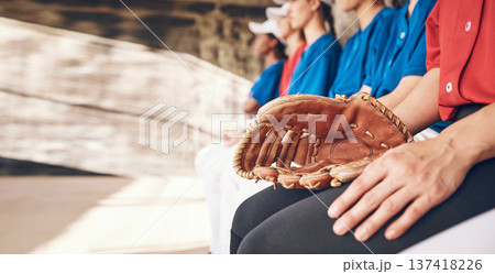 Sports, hand and athlete with a glove for baseball, watching game and team together. Fitness, training and a pitcher or person with gear for a competition, professional contest or ready for a match 137418226