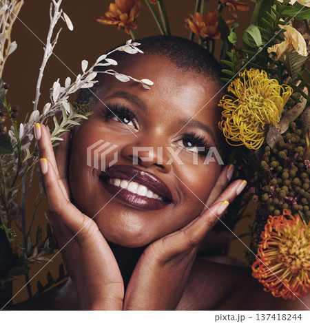 African woman, plants and thinking for aesthetic in studio with flowers for beauty, wellness and glow by brown background. Girl, model and smile on face for idea, leaves or memory with skin cosmetics African woman, plants and thinking for aesthetic in studio with flowers for beauty, wellness and glow by brown background. Girl, model and smile on face for idea, leaves or memory with skin cosmetics 137418244