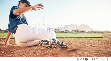 Slide, baseball action and player in dirt for game or sports competition on a pitch in a stadium. Man, ground and tournament performance by athlete or base runner in training, exercise or workout Slide, baseball action and player in dirt for game or sports competition on a pitch in a stadium. Man, ground and tournament performance by athlete or base runner in training, exercise or workout 137418293