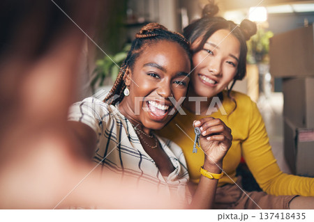 Selfie, couple of friends and keys to new home or moving in together for real estate investment. Rent, mortgage and loan of excited gay women with smile for social media portrait at apartment house Selfie, couple of friends and keys to new home or moving in together for real estate investment. Rent, mortgage and loan of excited gay women with smile for social media portrait at apartment house 137418435
