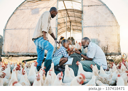 Farm, chicken and lgbtq parents with girl with egg in countryside for learning, agriculture and vacation. Family, sustainable farming and gay fathers with kid for bonding, relax and fun with animals Farm, chicken and lgbtq parents with girl with egg in countryside for learning, agriculture and vacation. Family, sustainable farming and gay fathers with kid for bonding, relax and fun with animals 137418471