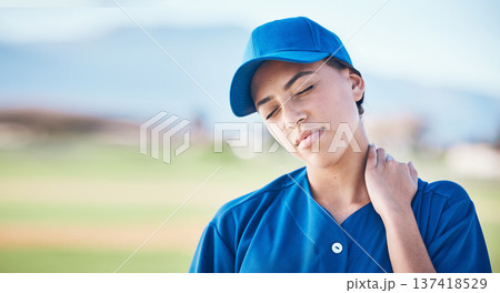 Neck pain, baseball and face of sports woman with fitness injury from competition challenge, field workout or exercise. Emergency problem, training accident and female player with muscle anatomy Neck pain, baseball and face of sports woman with fitness injury from competition challenge, field workout or exercise. Emergency problem, training accident and female player with muscle anatomy 137418529