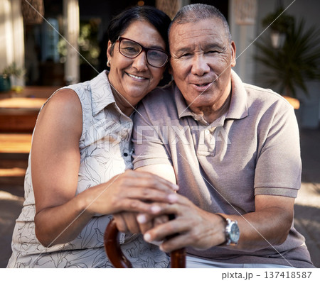 Portrait, love or happy old couple on outdoor date for bonding together in retirement with care. Senior, elderly man or mature woman hug to relax with support, peace or trust on a holiday vacation 137418587