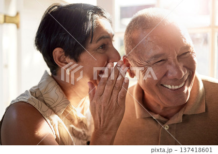 Elderly couple, gossip and laugh in retirement home from secret and conversation with smile. Did you know, drama and marriage with senior people together with story talk and listening in a house Elderly couple, gossip and laugh in retirement home from secret and conversation with smile. Did you know, drama and marriage with senior people together with story talk and listening in a house 137418601