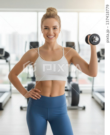 Athletic blond smiling young woman in a white sports top and blue leggings with a small dumbbell in hand in gym background. Athletic blond smiling young woman in a white sports top and blue leggings with a small dumbbell in hand in gym background. 137418779