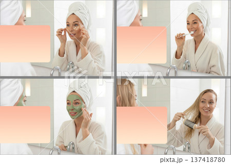 Young woman in bathrobe performing self care routine with eye patches, brushing teeth, applying green clay mask and styling hair in bathroom mirror, mock-up Young woman in bathrobe performing self care routine with eye patches, brushing teeth, applying green clay mask and styling hair in bathroom mirror, mock-up 137418780
