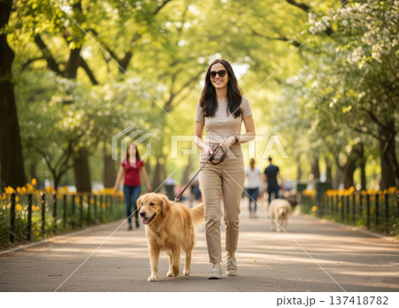 Smiling young woman walking her golden retriever dog in a beautiful blooming park in spring. 137418782