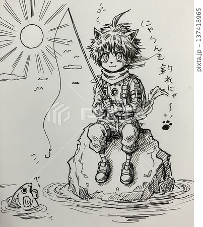 【にゃ~んも釣れにゃい日】海辺で釣りをする猫少年のイラスト作品 【にゃ~んも釣れにゃい日】海辺で釣りをする猫少年のイラスト作品 137418965