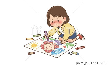 クレヨンでお母さんの似顔絵を一生懸命描いている様子 137418986