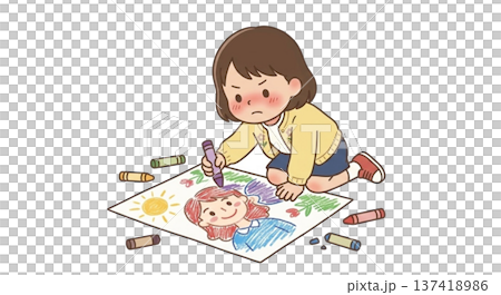 クレヨンでお母さんの似顔絵を一生懸命描いている様子 137418986