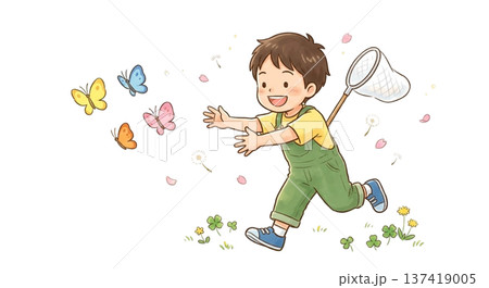 ぽかぽか陽気の中でちょうちょを追いかける様子 137419005