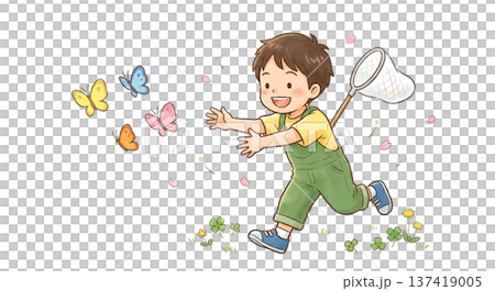 ぽかぽか陽気の中でちょうちょを追いかける様子 137419005