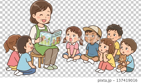 老師在唸圖畫書給孩子們聽時，孩子們都認真聽著。 137419016