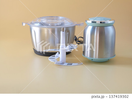 Set of food grinder for minced beef and vegetables on background. 137419302
