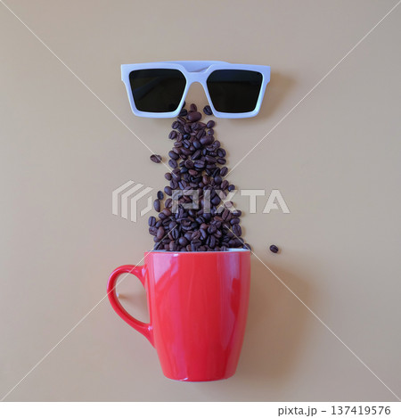 Coffee beans spill out of cup and sunglasses on color background. 137419576