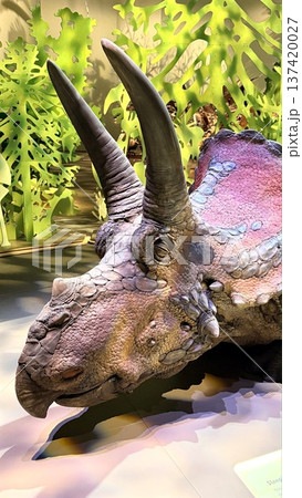 Realistic Depiction Of Prehistoric Creature. Cinematic View Of Tranquil Dinosaur By Pond. Highly Detailed Image Showcasing Ancient Triceratops In Natural Environment 137420027