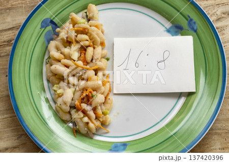 eat fast message with pills and half plate of food on table eat fast message with pills and half plate of food on table 137420396