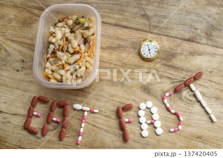 eat fast message with pills and half plate of food on table eat fast message with pills and half plate of food on table 137420405