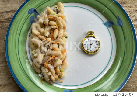 eat fast message with pills and half plate of food on table eat fast message with pills and half plate of food on table 137420407