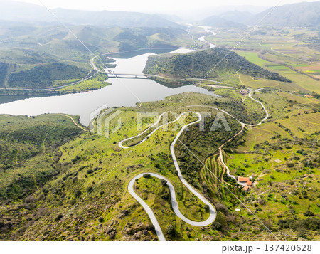 Sabor Valley. Green Hills and Winding Road. Portugal. Aerial View 137420628