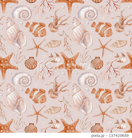 Orange beige sea seamless pattern with Seashell and Pearls and fishes on isolated background. Hand drawn vintage watercolor ornament with Seaweed and stars for print in nautical style. Orange beige sea seamless pattern with Seashell and Pearls and fishes on isolated background. Hand drawn vintage watercolor ornament with Seaweed and stars for print in nautical style. 137420689