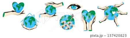 Earth day cut out elements set for collage. Halftone hands holding paper Earth globe Save planet, ecology and environment, protect nature concept Modern retro mixed media vector illustration isolated 137420823