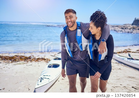 Love, happy and kayak with a couple laughing on the beach for travel, freedom or sports outdoor in nature. Funny, summer vacation or holiday with a man and woman by the sea or ocean for canoeing 137420854