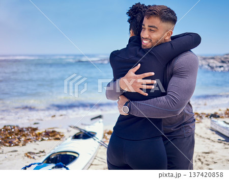Kayak, sports and fitness couple hug at a beach for training, bond and workout in nature together. Kayaking, love and man embrace woman at the sea for rowing adventure, workout or fun weekend hobby Kayak, sports and fitness couple hug at a beach for training, bond and workout in nature together. Kayaking, love and man embrace woman at the sea for rowing adventure, workout or fun weekend hobby 137420858
