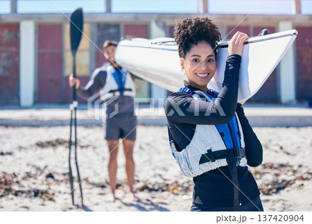 Water sports, portrait of man and woman with kayak, walking on sand at lake, beach or river for exercise. Ocean holiday, adventure and fitness, happy couple walking with canoe for training workout. 137420904