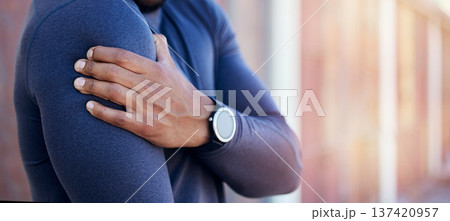 Arm injury, pain and fitness person massage bruise, hurt joint and anatomy problem from workout, exercise or sports accident. Medical emergency risk, sore and athlete shoulder with training crisis 137420957