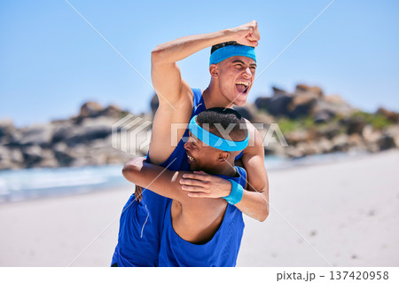 Happy man, volleyball and hug in celebration on beach in winning, success or teamwork in fitness. Excited male person fist in team sport, game or match in victory, score or achievement on ocean coast 137420958